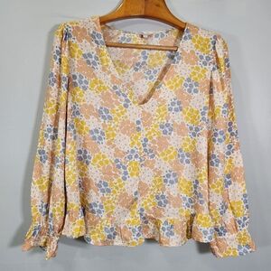 Lucky Brand Yellow Gray Ruffled Blouse